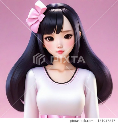 一個穿著白色衣服、長長的黑髮和絲帶的女人 121937817