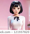 A cute woman with short black bob hair wearing white clothes 121937820