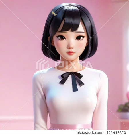 A cute woman with short black bob hair wearing white clothes 121937820