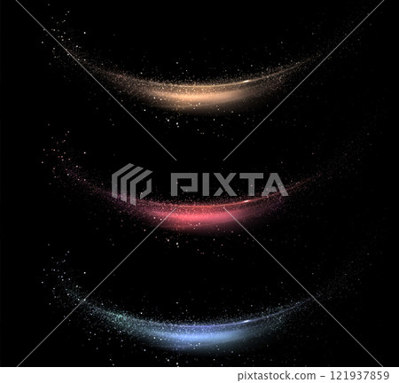 Set of isolated shiny ribbons with tinsel on black background, design element 121937859