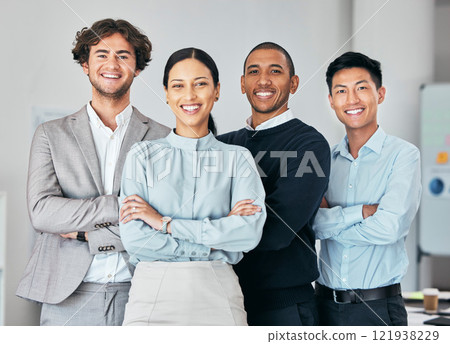 Businesspeople, team or group of young professionals, staff or interns in unity at office. Portrait of diverse company employees, colleagues and coworkers of b2b advertising and marketing agency 121938229