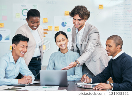 Teamwork, innovation and planning business people with a laptop looking at work presentation in group discussion meeting or sharing idea. Businessman and woman working with good sales marketing seo Teamwork, innovation and planning business people with a laptop looking at work presentation in group discussion meeting or sharing idea. Businessman and woman working with good sales marketing seo 121938331