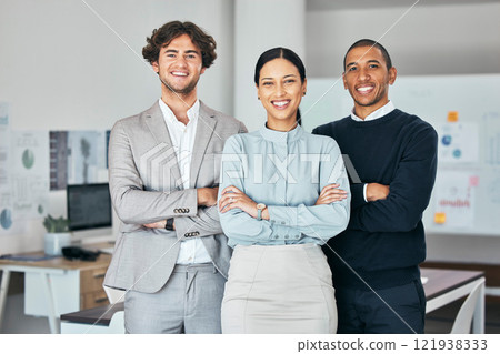 Teamwork, unity and togetherness with a corporate team portrait of colleagues standing arms crossed in their office at work. Young, motivated and ambitious business people with a mindset of growth Teamwork, unity and togetherness with a corporate team portrait of colleagues standing arms crossed in their office at work. Young, motivated and ambitious business people with a mindset of growth 121938333