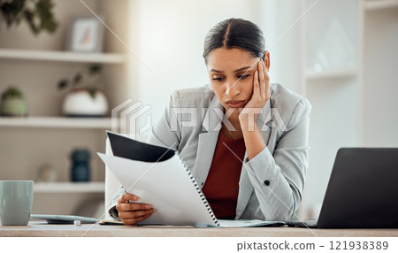 Bored, thinking professional businesswoman reading and managing company financial crisis strategy report. Stressed employee working on investment loss of economy market shares of company Bored, thinking professional businesswoman reading and managing company financial crisis strategy report. Stressed employee working on investment loss of economy market shares of company 121938389