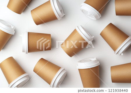 A collection of disposable coffee cups arranged artfully on a white surface A collection of disposable coffee cups arranged artfully on a white surface 121938440