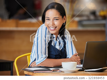 Cafe and coffee shop owner planning menu, budget and funds for success of restaurant or startup business. Happy and successful female small business owner working with store profits and finances 121938453