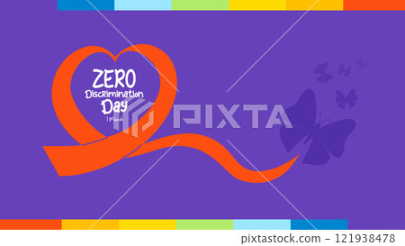 Zero discrimination day greeting poster. Symbol red ribbon heart and butterflies on rainbow background. International holiday 1 march. Butterfly as festive symbol. Vector horizontal illustration Zero discrimination day greeting poster. Symbol red ribbon heart and butterflies on rainbow background. International holiday 1 march. Butterfly as festive symbol. Vector horizontal illustration 121938478