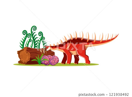 Cartoon Kentrosaurus dinosaur character with eggs. Extinct dinosaur vector personage, paleontology lizard or prehistoric animal happy isolated mascot. Jurassic era Kentrosaurus reptile funny character Cartoon Kentrosaurus dinosaur character with eggs. Extinct dinosaur vector personage, paleontology lizard or prehistoric animal happy isolated mascot. Jurassic era Kentrosaurus reptile funny character 121938492