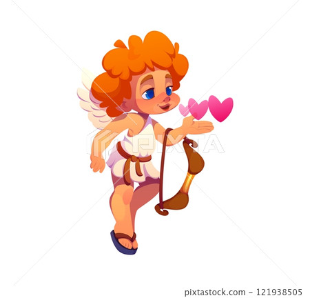 Cupid angel character with Valentine Day pink hearts. Vector love holiday, marriage and wedding personage. Little Cupid, Cherub or Eros baby angel character with archer bow sending love hearts by air 121938505