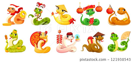 cartoon 2025 Chinese lunar year snakes characters. New Year Chinese calendar animals personages, isolated vector snake cute characters in holiday costumes, holding gift, fireworks, fan and lantern cartoon 2025 Chinese lunar year snakes characters. New Year Chinese calendar animals personages, isolated vector snake cute characters in holiday costumes, holding gift, fireworks, fan and lantern 121938543