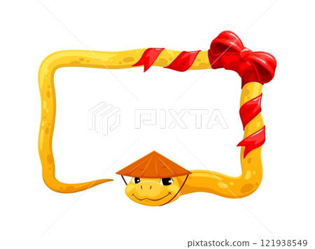 Cartoon asian horoscope snake character frame with red ribbon bow, vector Chinese New Year holiday greeting card. Cute snake animal of asian lunar calendar with straw hat in shape of rectangular frame Cartoon asian horoscope snake character frame with red ribbon bow, vector Chinese New Year holiday greeting card. Cute snake animal of asian lunar calendar with straw hat in shape of rectangular frame 121938549