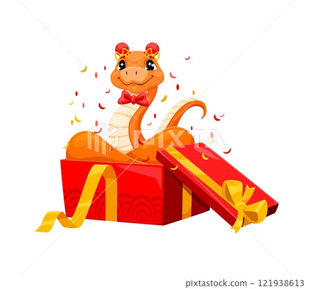 Funny asian horoscope snake character in holiday gift box, vector Chinese New Year greeting banner. Cartoon lunar calendar zodiac snake animal in red present box with gold ribbon bows and confetti 121938613