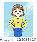 Illustration of a woman who is confident in her weight loss in front of a mirror 121938615
