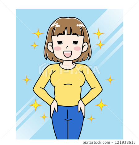 一個女人在鏡子前對自己的苗條充滿自信的插圖 121938615