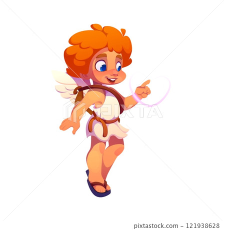 Cartoon cute Cupid or Cherub baby angel character drawing love heart with finger in air. Cupid with angel wings and bow vector personage of Valentine Day romantic love holiday, wedding and marriage Cartoon cute Cupid or Cherub baby angel character drawing love heart with finger in air. Cupid with angel wings and bow vector personage of Valentine Day romantic love holiday, wedding and marriage 121938628