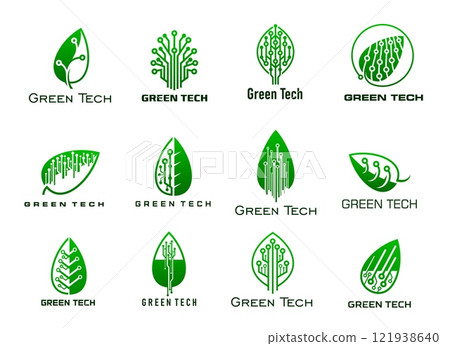 Green tech icons, smart digital farm and eco green energy technology vector symbols with leaves of plant or tree and circuit line pattern. Bio tech and eco digital technology signs set, ecology themes 121938640