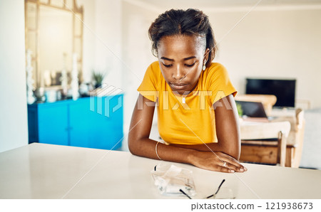 Covid, sick and waiting for rapid test result while looking worried. Disease, virus and infection risks in young people in a pandemic. Isolation, lockdown and quarantine for safety and protection. 121938673