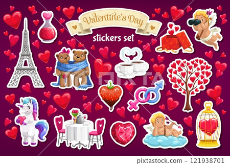 Valentine day stickers pack of hearts, love characters and symbols, vector set. Valentine day stickers of unicorn with hearts and love potion, Eiffel Tower and cupid angel with love arrows for wedding 121938701