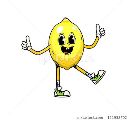 Cartoon groovy lemon fruit character with thumbs up and happy face, vector emoji. Groovy lemon with cute smile and silly emotion and thumbs up in hipster shoes for fruit retro cartoon character 121938702