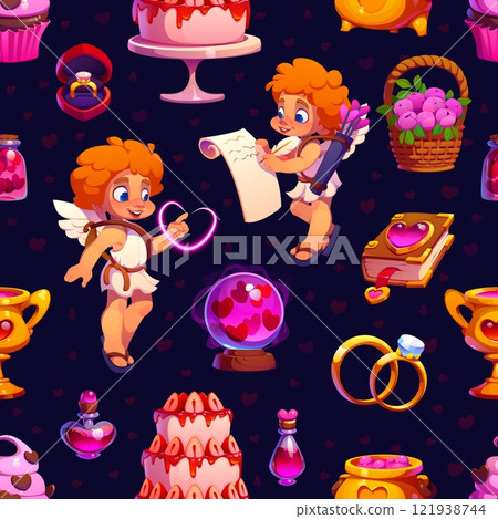 Valentine day characters seamless pattern of cherub angels and love hearts, vector background. Valentine day pattern of cartoon cupid with arrows and love message, wedding rings and love potion Valentine day characters seamless pattern of cherub angels and love hearts, vector background. Valentine day pattern of cartoon cupid with arrows and love message, wedding rings and love potion 121938744