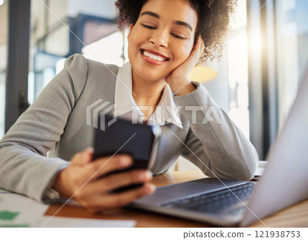 Phone, communication and networking with a young woman, startup entrepreneur or small business owner browsing the internet. Reading social media, staying connected and managing her company online 121938753