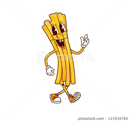 Bucatini Italian pasta groovy happy character. Bucatini classic noodle dish groovy cute personage, Italian restaurant pasta or Italy cuisine menu meal retro isolated vector comic character 121938760