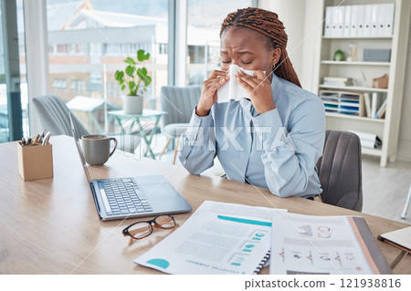 Flu, sick or cold person blowing nose, sneezing with tissue and ill while working in office at work. Professional, corporate and black female business woman suffering from allergies, virus or disease 121938816