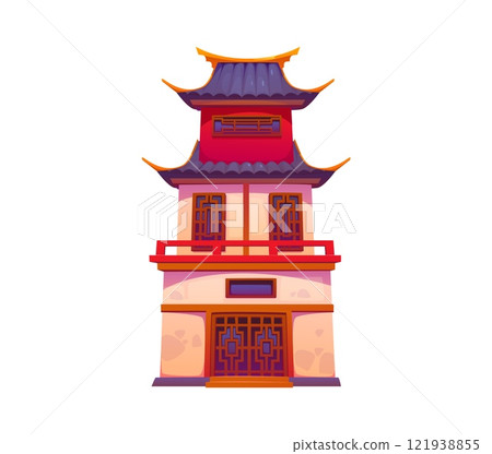 Chinese building or house, pagoda and ancient temple of China town gate, vector cartoon architecture. Chinese building or oriental house or shrine with roof in Asian style or Beijing chinatown palace 121938855