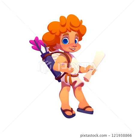 Cartoon Cupid or Cherub character with arrows and love letter, vector Valentine Day holiday, wedding marriage. Cute Cupid baby angel or Eros love god with vintage quiver of heart arrows and scroll 121938866