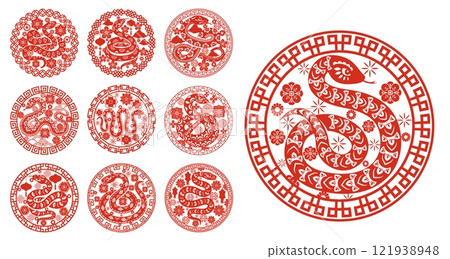 Snake reptiles with ornament for Chinese Lunar New Year and Asian holiday, vector symbols. Chinese New Year paper cut ornaments with snake, clouds and flowers for greeting card decoration and calendar 121938948