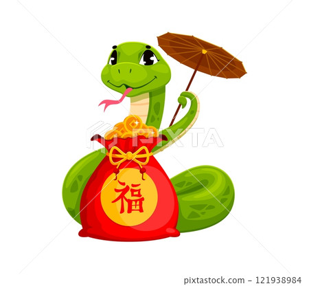 Cartoon asian horoscope snake character with holiday money bag gift, vector Chinese Lunar New Year. Cute green snake animal of asian zodiac calendar with chinese paper umbrella and holiday lucky coins Cartoon asian horoscope snake character with holiday money bag gift, vector Chinese Lunar New Year. Cute green snake animal of asian zodiac calendar with chinese paper umbrella and holiday lucky coins 121938984