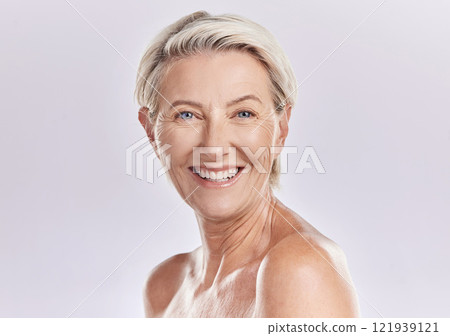 Skincare of senior woman in a beauty face portrait for hygiene, body care and cosmetic treatment on studio background. Happy anti aging senior model with big smile for wrinkle free skin care routine Skincare of senior woman in a beauty face portrait for hygiene, body care and cosmetic treatment on studio background. Happy anti aging senior model with big smile for wrinkle free skin care routine 121939121