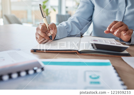Woman in accounting, payroll, tax, credit and bank payment for startup company in an office. Businesswoman, finance and data, with a calculator, working out balance for corporate account at her desk 121939233