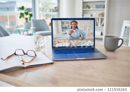 Laptop video conference, zoom call and online meeting in lockdown, quarantine and social distancing. Training, education or presentation with talking business woman in office for webinar or education Laptop video conference, zoom call and online meeting in lockdown, quarantine and social distancing. Training, education or presentation with talking business woman in office for webinar or education 121939260