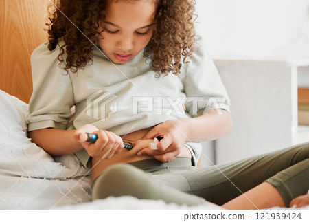 Diabetes, insulin and diabetic girl injecting treatment in her bedroom as a health morning routine at home. Medicine, house and testing to monitor blood sugar levels, wellness and medical healthcare 121939424