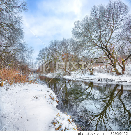 Remarkable landscape in city park with snowy trees and beautiful frozen river 121939432