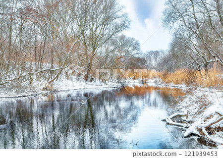Outstanding landscape in city park with snowy trees and beautiful frozen river. Outstanding landscape in city park with snowy trees and beautiful frozen river. 121939453