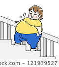 Illustration of an overweight woman running out of breath climbing stairs 121939527