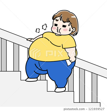 一個超重、在樓梯上氣喘吁籲的女人的插圖 一個超重、在樓梯上氣喘吁籲的女人的插圖 121939527