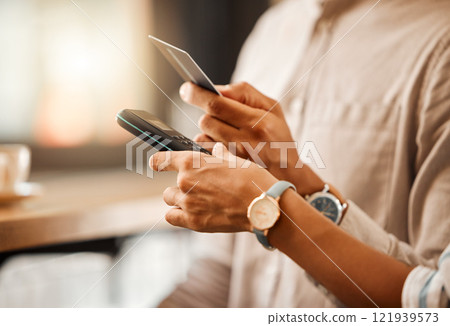 Hands paying with credit card and machine at shop, buying a product at cafe and making contactless payment at restaurant. Customer making nfc purchase, getting help from worker and waiter for service 121939573