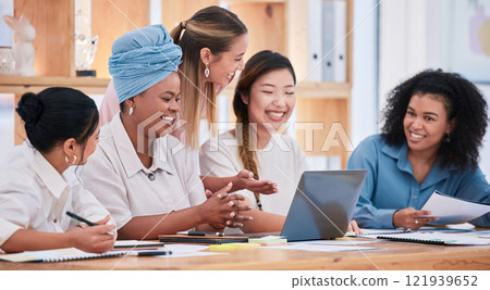 Multicultural females only talking and planning business strategy and growth together in a meeting at the office. A happy marketing team of women collaborating on a project and working on a proposal Multicultural females only talking and planning business strategy and growth together in a meeting at the office. A happy marketing team of women collaborating on a project and working on a proposal 121939652