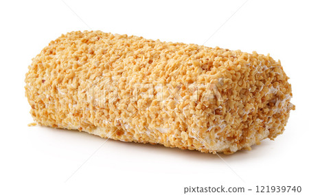 Traditional dessert roll coated with crunchy nuts on a white background showcasing its texture and appealing look 121939740