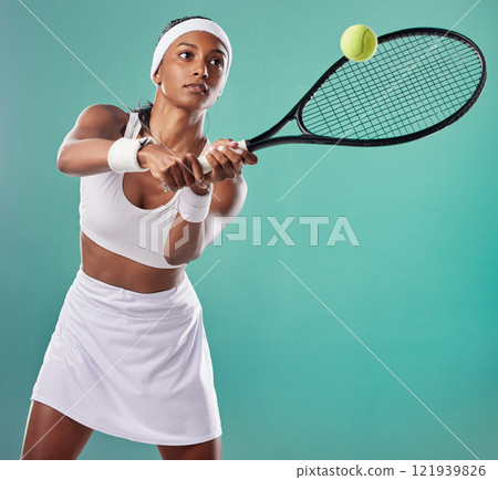 Tennis, sportswear and woman playing tournament with copy space background. Sporty, active and professional athlete playing a game. Competition and serious tennis player keeps focus on the court. 121939826