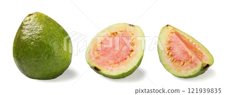 Set of ripe guava fruit, half and slice on white background. Isolated Set of ripe guava fruit, half and slice on white background. Isolated 121939835