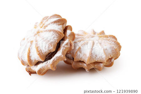 Deliciously sweet traditional cookies dusted with powdered sugar on a white background 121939890