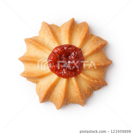 Delicious flower-shaped butter cookie topped with raspberry jam served on a white background Delicious flower-shaped butter cookie topped with raspberry jam served on a white background 121939899