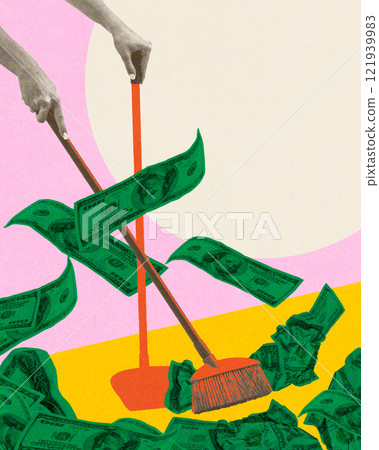Conceptual image of hand using broom and dustpan to sweep dollar bills, symbolizing financial clean-up and economic waste. Conceptual image of hand using broom and dustpan to sweep dollar bills, symbolizing financial clean-up and economic waste. 121939983