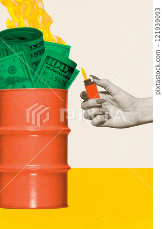 Hand with lighter and rolled dollar bills in barrel on fire, symbolizing financial loss and inflation. Conceptual creative design. 121939993