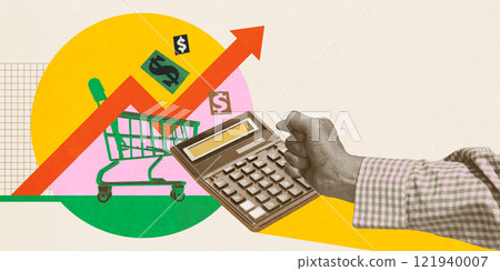 Shopping cart, calculator, and upward economic trends symbolizing the increasing cost of living and consumer spending. Conceptual creative design. Shopping cart, calculator, and upward economic trends symbolizing the increasing cost of living and consumer spending. Conceptual creative design. 121940007