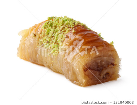Delicious dessert featuring baklava with pistachio topping, highlighting traditional Turkish flavors Delicious dessert featuring baklava with pistachio topping, highlighting traditional Turkish flavors 121940008